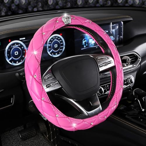 Leather Bling Steering Wheel Cover for Women Car Steering Wheel Protector Anti-Slip Universal Fit 14 1/2-15 inch-Pink with Crown - color: Pink with Crown