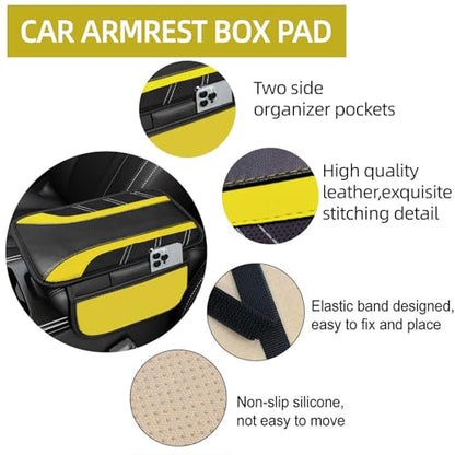 NBTEPEM 10 Pcs Car Floor Mats Full Set & Sport Leather Steering Wheel Cover 14.5-15 inch, Center Console Cover, Seat Belt Cushion, Cup Holder Coaster, Universal Automobile Interior Sets (Yellow)