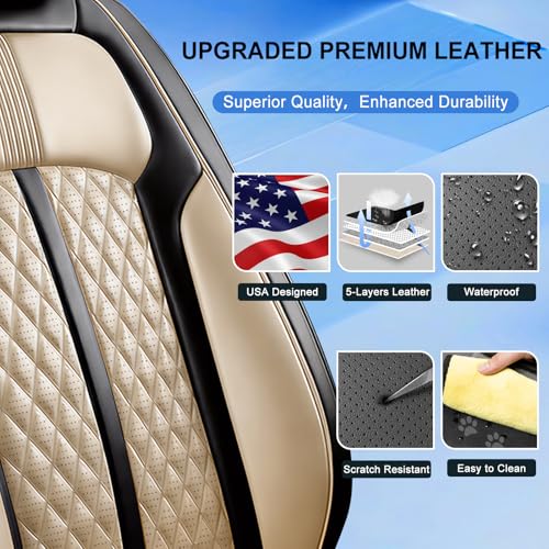 Fit Land Rover Range Rover Sport Car Seat Covers (Front Pair) for Land Rover Range Rover Sport 2005-2026, Full Coverage Leather, Waterproof, All Weather Breathable Seat Protector, Black+Beige
