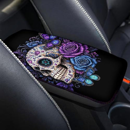 Skull Rose Print Car Center Console Cover,Universal Car Armrest Box Cover Pad for SUVs - color: Skull Rose