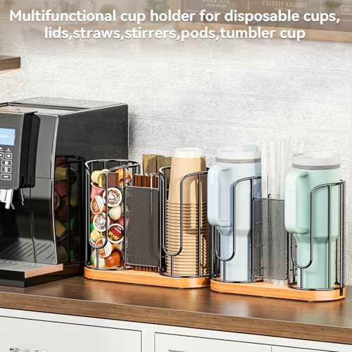 Coffee Cup and Lids Holder - Disposable Cups Straws Organizer with Wooden Base - Paper Plastic Cup Holder Dispenser Storage for Countertop Coffee Station Bar Restaurant Office Breakroom Shop Kitchen