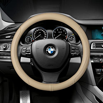 Microfiber Leather Steering Wheel Cover with Classic Embossing, Anti-Slip Breathable Auto Car Wheel Protector, Fit 15 Inch (Beige) - color: Beige
