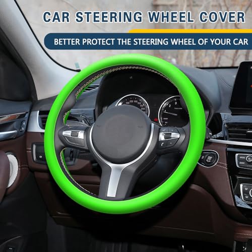 Car Steering Wheel Cover, 13 to 14.17 inches Non-Slip Silicone Steering Wheel Protector, Car Accessories Thin Soft Leather Texture Steering Wheel Protective Cover for Most Cars (Green) - color: Green