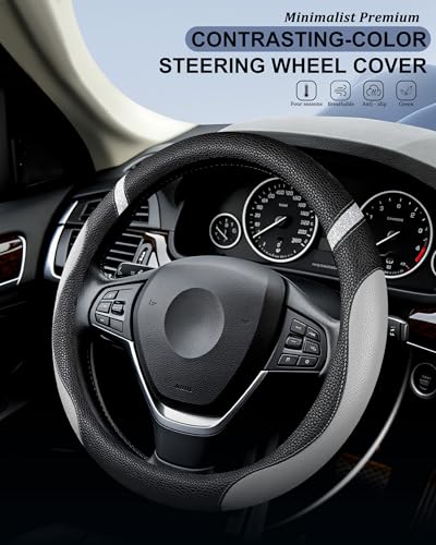 Steering Wheel Cover for Men Women Leather Universal Steering Wheel Covers for Car 15inch (Gray) - color: Premium Grey