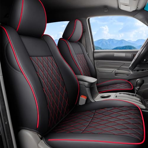 Coverado Tacoma Seat Covers, Car Seat Covers Front Seats, Leather Seat Covers for Cars Car Seat Protector Cushion Tacoma Accessories Custom Fit 2005-2023 Toyota Tacoma Double/Crew Cab(Red) - color: Red, size: Front（2005-2015）