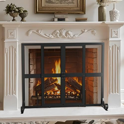 Fireplace Screen with Sliding Doors, 37.8" W x 30.7" H Handcrafted Wrought Iron Fire Spark Guard Fire Place Gate Protector for Living Room, Children and Pet Safety(Large)