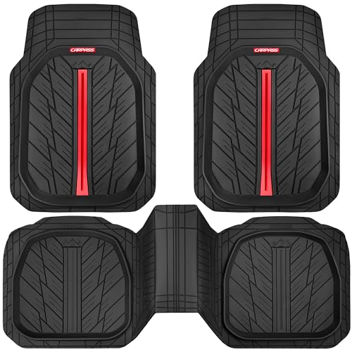 CAR PASS Tire Tread DeepDish Rubber Floor Mats for car Heavy Duty car mats All Weather, Universal XL~M Trim to Fit for Truck SUV Vehicle Automotive, Waterproof car mats 3 Piece (red Black)