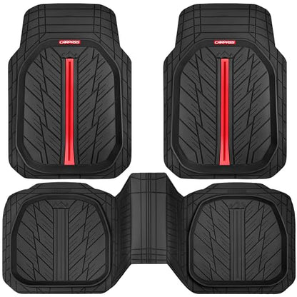 CAR PASS Tire Tread DeepDish Rubber Floor Mats for car Heavy Duty car mats All Weather, Universal XL~M Trim to Fit for Truck SUV Vehicle Automotive, Waterproof car mats 3 Piece (red Black)
