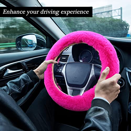 WenMei 4PCS Set Fluffy Steering Wheel Covers with Handbrake Cover&Gear Shift Cover&Plush Keychain Furry Steering Wheel Cover for Women Girl Fashion Warm Car Wheel Protector Fit Most Car (Rose red) - color: Rose red