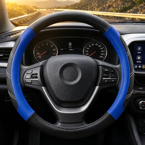 Black and Blue Line Punching Car Steering Wheel Cover, Microfiber Leather Sports, 14.5-15 in Universal Leather Wheel Covers, Breathable Fashion Anti-Slip, Steering Wheels Accessories for Men Women - color: Line Punching-Black and Blue