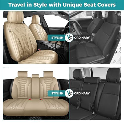 Leather Car Seat Covers Full Set, Breathable Faux Leather Seat Covers for Cars SUV Sedan Waterproof Beige - color: Beige