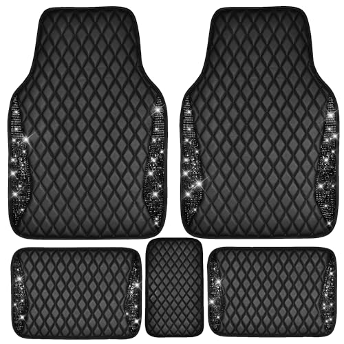 CAR PASS Bling Leather Car Mats Shining Diamond Floor Mats Sparkly Glitter Crystal Rhinestones Carpet Anti-Slip Waterproof Pad Universal Fit for Automotive SUV, Sedan, Van, 5pcs for Girl Women Black - color: Black Leather Diamond