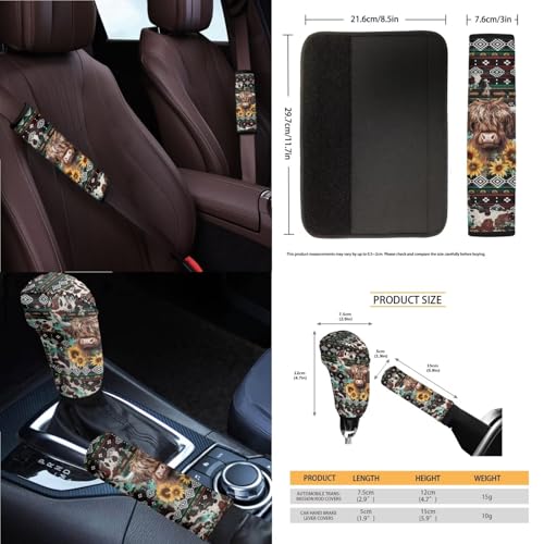 Wanyint Aztec Highland Cow 14-Pack Car Seat Cover Set, Including Steering Wheel, Auto Seatbelt Pads, Cup Coasters, Trash Can, Rear View Mirror Cover, Armrest, Gear Shift Knob - color: Aztec Highland Cow Sunflower