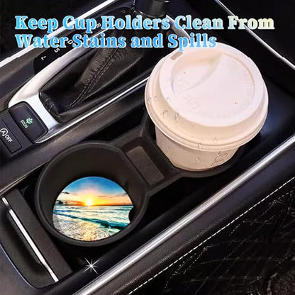 Jeffdad Car Cup Holder Coasters, 2 Pack Absorbent Ceramic Coaster 2.56" Universal Ceramic Stone & Non-Scratch Cork Base Coasters Auto Accessories for Women & Men(Sunset)