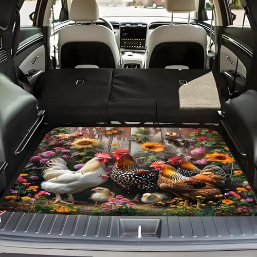 Universal Car Trunk Mat 29" x 39", Rooster and Floral All Weather Trunk Protection Cargo Liner, Durable Cargo Mat Rear Trunk Liner, Stylish Vehicle Interior Accessories Suitable for Most Car Models - color: Rooster and Floral