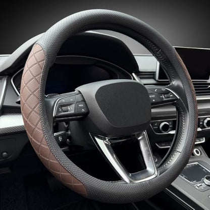 Nappa Leather Steering Wheel Cover,Elegant Diamond Checkered Design, Non-Slip wear-Resistant, Enhance Driving Comfort, Suitable for Steering Wheel Diameter 14 1/2‘-15’ Models.Black Brown - color: Black Brown