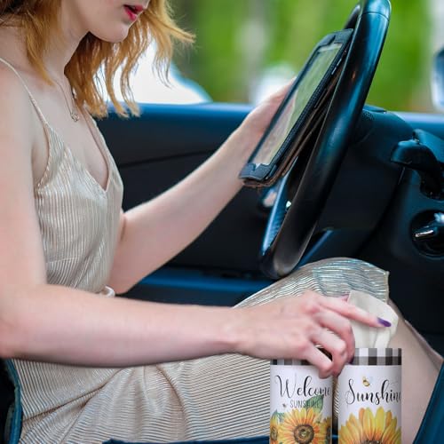12 Pack Sunflower Tissue Boxes for Car Cylinder Bulk Black White Plaid Flower Round Cylinder Holder with 3 Ply Facial Tissues for Spring Summer Travel Bathroom Office Decoration - style: Sunflower