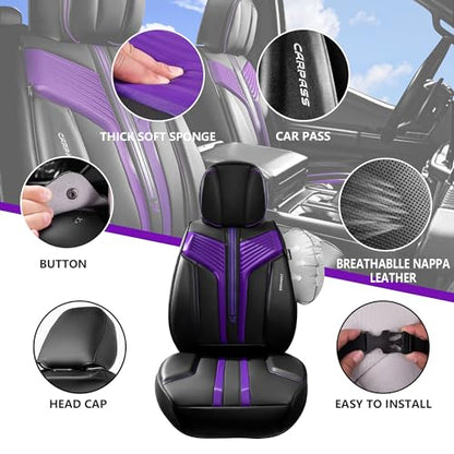 CAR PASS Nappa Leather Seat Covers, Breathable Waterproof Car Seat Covers Full Set, Luxury Leather Front and Back Seats Full Coverage, Universal Fit SUV Pick-up Truck Sedan Automotive(Black Purple) - color: Black Purple, size: Full Set Full Coverage