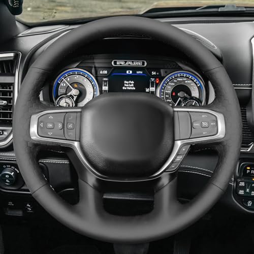 MEWANT Black Smooth and Embossed Artificial Leather Steering Wheel Cover for Dodge Ram 1500 Laramie Big Horn 2019-2021 - color: Black Smooth&Embossed Artificial Leather