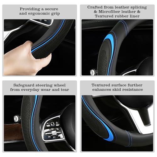 Leather Splicing Black Blue Car Steering Wheel Cover,14.5-15 Inch Universal Microfiber Leather Covers Breathable Anti-Slip Odorless Steering Wheels Accessories for Men Women - color: Leather Splicing - Black Blue