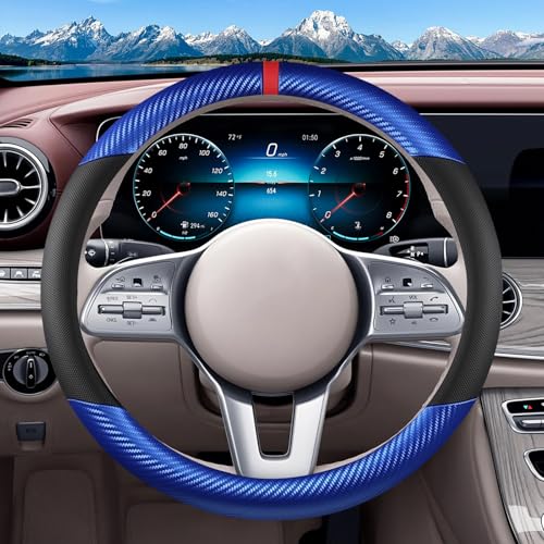 Black & Blue Carbon Fiber Leather Steering Wheel Cover, Microfiber Leather, Anti-Slip, Breathable, Universal Fit for 14.5–15 in Steering Wheel Cover for Men Women - color: Splicing Carbon Fiber - Black and Blue