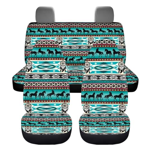 Dreaweet Aztec Car Seat Covers Full Set Native American Dreamcatcher and Horse Seat Covers with Steering Wheel Cover,Armrest Pads,Seat Belt Pads,Coasters,Gear Shift & Handbrake Cover,Universal Fit - color: Aztec Dreamcatcher Horse