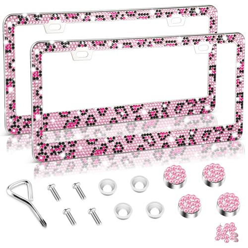 Amiss Bling License Plate Frame for Women, 2Pack Rhinestone Handcrafted Crystal Premium Stainless Steel, Stainless Steel Car Decorative Accessories with Diamond Sparkle Glitter Caps - color: Pink Leopard Print, size: 2pc