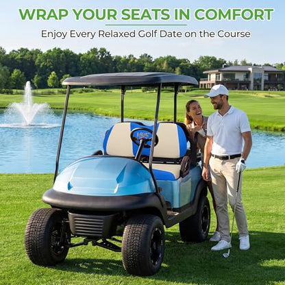 10L0L Golf Cart Seat Covers, Super Comfort Cooler Than Vinyl Seat Cover, Front and Rear Seat Cover for Yamaha EZGO Club Car, No Drilling Breathable Mesh Bench Seat Blanket, Machine Washable - color: Beige + Blue, style: Front Seat - For Yamaha & Club Car