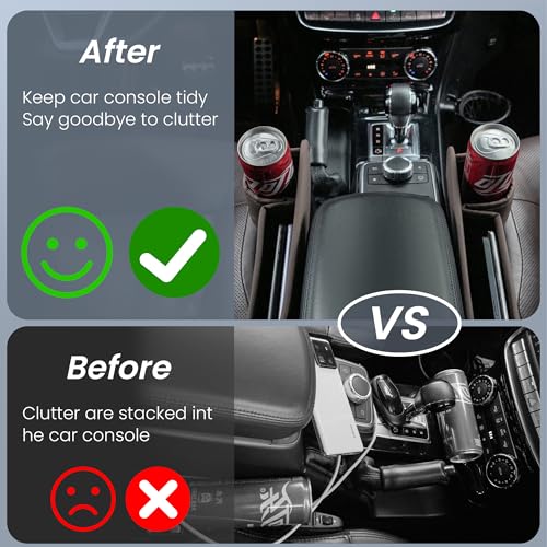 2 Packs Universal Fit Car Seat Gap Filler Organizer, Premium Leather Anti-Drop Car Side Gap Storage with Cup Holder for Phone, Keys, Sunglasses & Drinks (Black) - color: Black