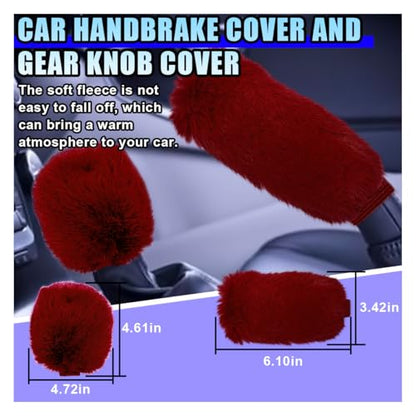 10PCS Fluffy Car Accessories Set, Furry Steering Wheel Cover with Warm Fuzzy Gear Shift Cover Ball Keychain Handbrake Cover Console Seat Belt Shoulder Pads & Diamond Ignition Ring Cup Mats (Red) - color: Red