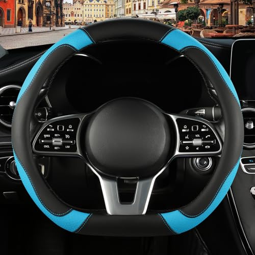 Microfiber Leather D Shaped Steering Wheel Cover, Breathable, Anti Slip, Universal 15 inch, Black with Blue - color: Black Blue, size: D Shape-Middle[14.5''-15'']