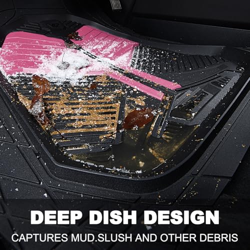 CAR PASS Heavy Duty Rubber Car Mats, Deep Dish Car Floor Mats All Weather, Car Mats Full Set 3-Piece Trim to Fit for Sedans SUVs Trucks,Women Waterproof Anti-Slip Automotive Mats, V12 Black and Pink - color: Pink and Black