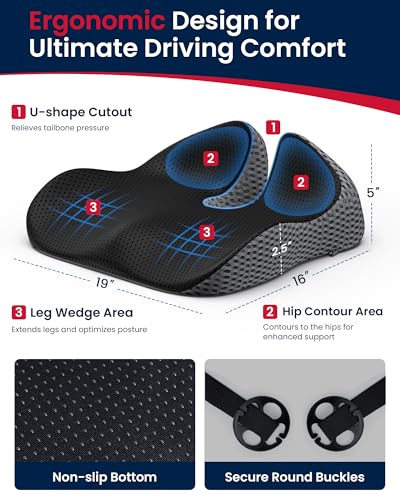 Gel Wedge Car Seat Cushion for Driving Relieves Tailbone Pain, Composite Gel Memory Foam for Cool & Support Comfort, Ergonomic Car Seat Pillow, Elevated Back for Wider Vision, Anti-Slip Design