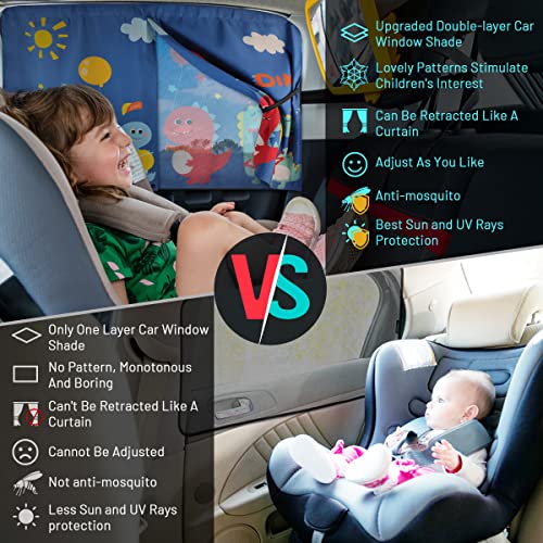 Car Window Shades, 2 PCS Magnetic Double Layer Sun Shade, Side Windows Privacy, Full Covers/Half Shade Options, Cute Dinosaurs, Compatible with Car, SUV, Minivan - color: Blue-2pcs