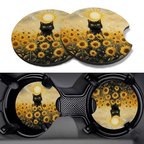 Car Cup Coasters,2 Pack Car Coaster,2.75inch Anti Slip and Absorbent Cars Coasters for Cup Holders,Neopren Accessories for Women,Cute Decor for Women (Sunflower Cat) - color: Sunflower Cat