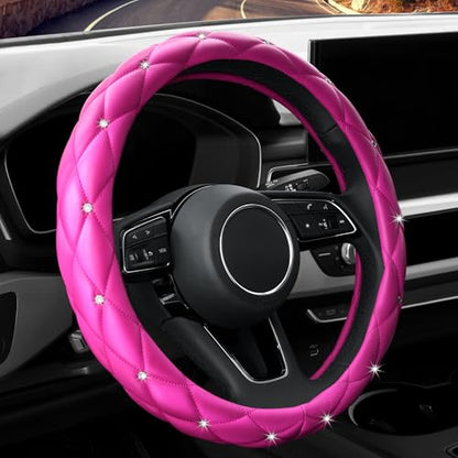 YOGURTCK Cute Diamond Soft Leather Anti-Slip Steering Wheel Cover with Bling Bling Crystal Rhinestones, Universal 15 Inch for Women Girls, Fit Vehicles, Sedans, SUVs, Vans, Trucks - Hot Pink - color: A-Hot Pink