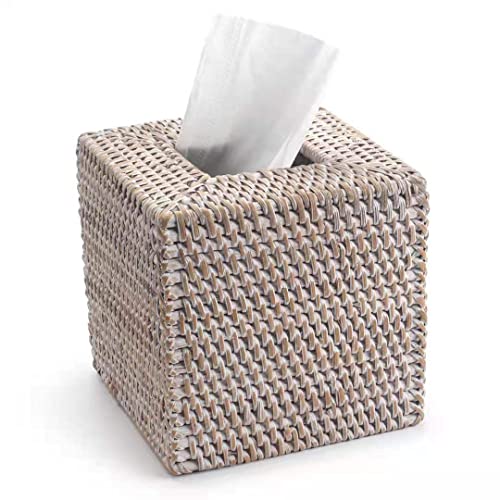 Rattan Tissue Box Cover Square, Hand Woven Wicker Tissue Holder, 5.5 x 5.5 X 5.7 inch, Whitewash - color: Whitewash, size: Square (5.7"H)