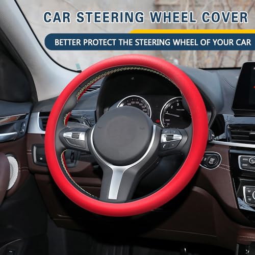 Car Steering Wheel Cover, 13 to 14.17 inches Non-Slip Silicone Steering Wheel Protector, Car Accessories Thin Soft Leather Texture Steering Wheel Protective Cover for Most Cars (Red) - color: Red