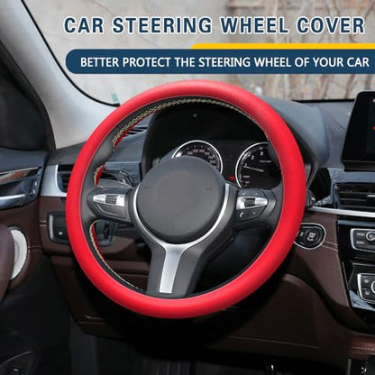 Car Steering Wheel Cover, 13 to 14.17 inches Non-Slip Silicone Steering Wheel Protector, Car Accessories Thin Soft Leather Texture Steering Wheel Protective Cover for Most Cars (Red) - color: Red