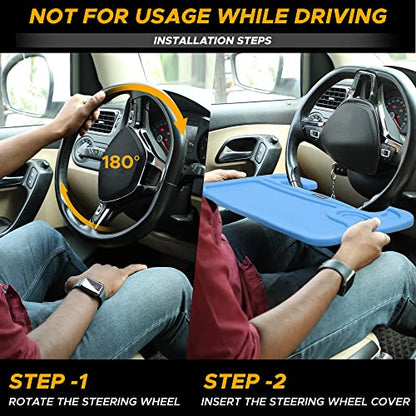 EcoNour 2 in 1 Car Steering Wheel Desk | Steering Wheel Tray for Laptop Car Mount with Pen Holder | Car Food Tray for Eating with Drinks Holder | Multipurpose Travel Car Accessories | Blue - size: Medium-Blue