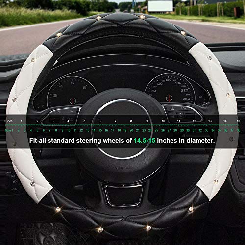 Black White Steering Wheel Cover, Anti-Slip Steering Wheel Protector with Crystal Rhinestones, Car Steering Wheel Cover for Women and Girl Fit 14.5-15 inch - color: Black+White