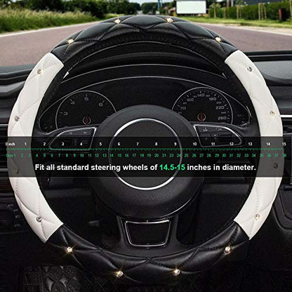 Black White Steering Wheel Cover, Anti-Slip Steering Wheel Protector with Crystal Rhinestones, Car Steering Wheel Cover for Women and Girl Fit 14.5-15 inch - color: Black+White