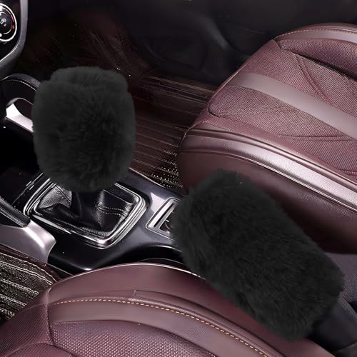 Hovom 2PCS Fluffy Car Gear Shift Knob Cover & Handbrake Cover, Soft Plush Hand Brake Handle & Gear Shift Cover for Women Girls, Universal Comfortable Warm Furry Car Accessories (Black) - color: Black