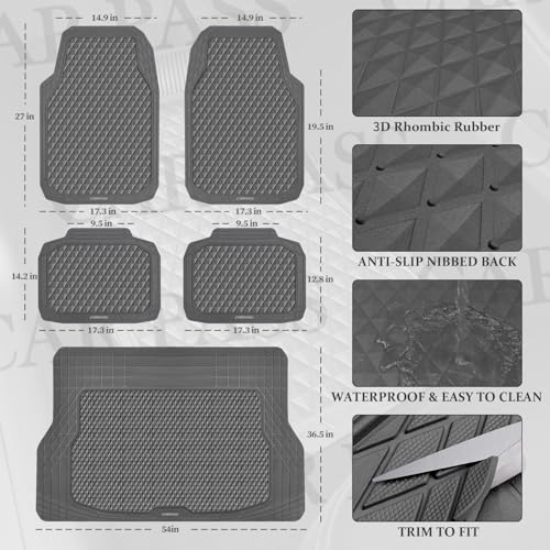 CAR PASS Gray Rubber Car Floor Mats & Cargo Liners, Durable Anti-Slip 3D Rhombus Waterproof Automotive Pad Trim Fit Liner All-Weather Trunk Mats Full Set Universal Fit Auto Van Sedan SUV Truck Gray - color: Light Gray