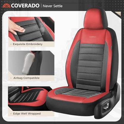 Coverado Car Seat Covers Front Seats, Luxury Leather Car Seat Covers, Automotive Mesh Seat Covers 2 Pack, Airbag-Compatible, Black Red Seat Covers for SUV Sedan Truck - color: Red&Black, size: FrontPair