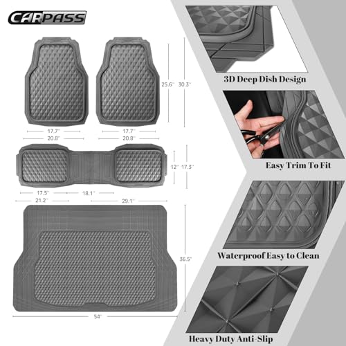 CAR PASS Heavy Duty Rubber Gray Car Floor Mats & Cargo Liners, Deep Dish All-Weather Trunk Mats Durable Anti-Slip 3D Rhombus Waterproof Trim to Fit Liner Universal Fit Auto,Sedan,SUV,Truck, Gray - color: gray with cargo liner