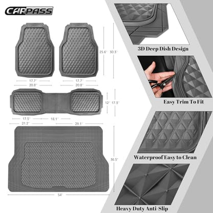 CAR PASS Heavy Duty Rubber Gray Car Floor Mats & Cargo Liners, Deep Dish All-Weather Trunk Mats Durable Anti-Slip 3D Rhombus Waterproof Trim to Fit Liner Universal Fit Auto,Sedan,SUV,Truck, Gray - color: gray with cargo liner