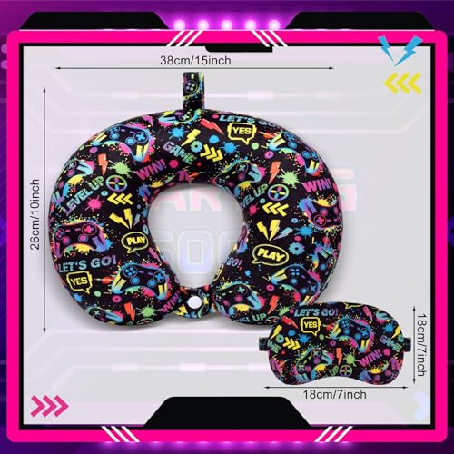 4 Pcs Game Travel Pillow with Sleep Eye Mask, U Shaped Memory Foam Headrest & Neck Pillow with Washable Cover, Soft Neck Head Support Travel Accessories for Airplane Car Train Bus Trips