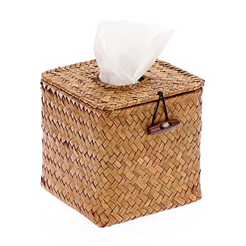 Sumnacon Tissue Box Cover Square Seagrass Tissue Box with Lid, Woven Tissue Box Holder Rustic Cube Tissue Cover for Bathroom Toilet Bedroom Living Room Kitchen Table Desk Office Car, Caramel - color: Caramel