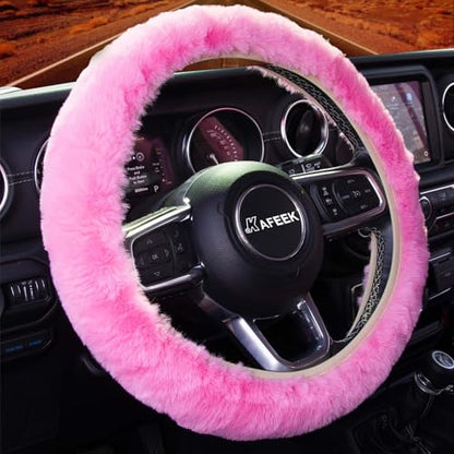 KAFEEK Fluffy Steering Wheel Cover 15 inch, Soft Fuzzy Steering Wheel Cover for Winter Warm, Anti-Slip, Comforting and Luxurious, Pink